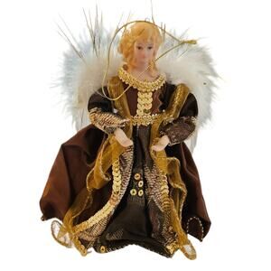 Vintage Angel Tree Topper Christmas Holiday Brown Satin and Gold Woman Ornament